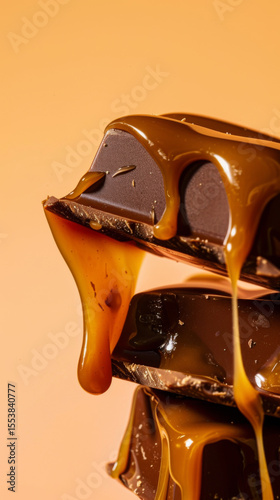 Elegant stack of dark chocolate pieces immersed in flowing caramel, capturing a rich