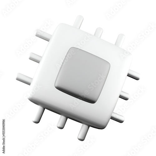 A stylized computer chip with pins, representing technology and electronics.
