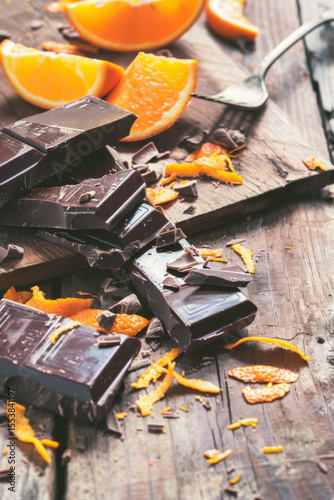 Refined flatlay of broken dark chocolate and fresh orange slices on wooden surface, vintage photo