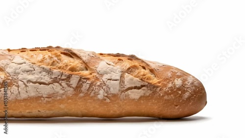 A crusty loaf of bread with a goldenbrown exterior rests on a white surface