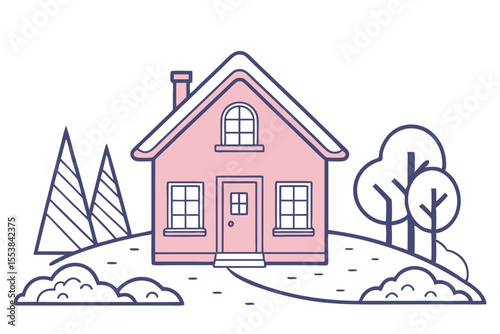Winter Pink House with Snow Minimalist Design
