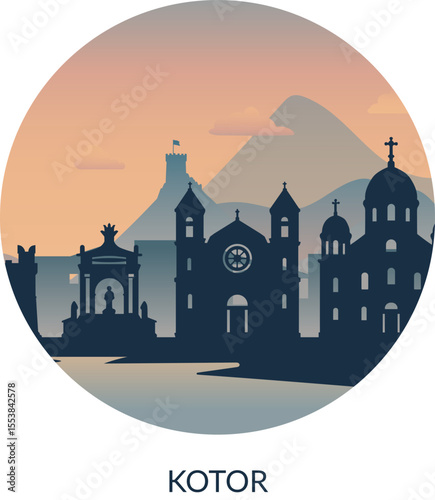 Beautiful silhouette of Kotor at stunning sunset, with majestic mountains in the background