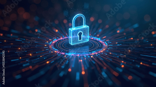 futuristic data streams circling a floating lock icon, data encryption concept, holographic style, abstract art