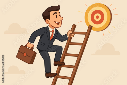 Businessman climbing a corporate ladder towards a target. Ambitious employee with a briefcase on the path to success. Career growth, promotion, and motivation concept. Vector cartoon.