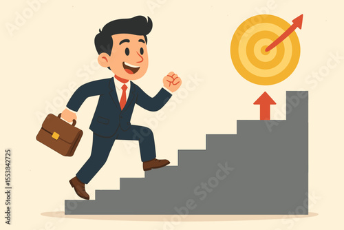 Businessman climbing career ladder stairs to reach a target. Metaphor for ambition, success, and goal achievement. Professional growth, development, and promotion concept vector.