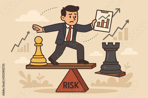 Businessman balancing on a seesaw with chess pieces, a metaphor for risk management. Concept of corporate strategy, investment decision-making, and financial planning.