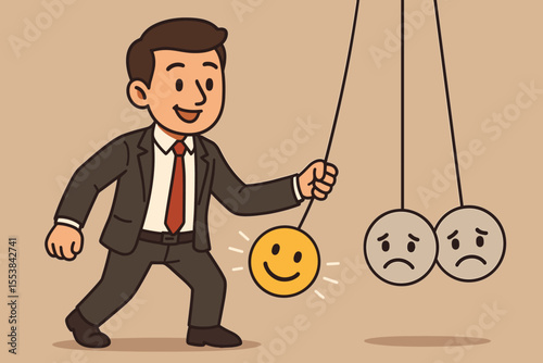 Businessman creating positive emotion. Happy smiley face on Newton's cradle hits sad emoticons. Metaphor for balancing mood, mental health, overcoming negativity, psychology.