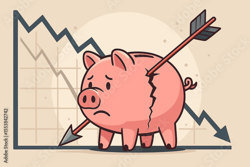 Financial crisis metaphor with a broken piggy bank pierced by an arrow. Concept of investment loss, bankruptcy, economic recession, and debt. Downward chart background. Vector.