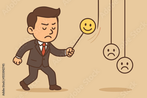 Mental health metaphor. Stressed businessman trying to balance emotions by hitting sad faces with a smiley pendulum. Concept of fighting depression, mood swings, and anxiety. Vector.