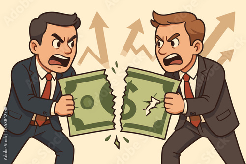 Angry business partners in conflict tearing a dollar bill. Metaphor for financial disagreement, corporate greed, market share rivalry, or partnership breakdown. Vector illustration.