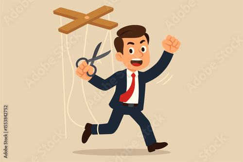 Businessman cutting puppet strings to break free from control and manipulation. Concept of independence, autonomy, and freedom. Metaphor for empowerment, self-control, and liberation.