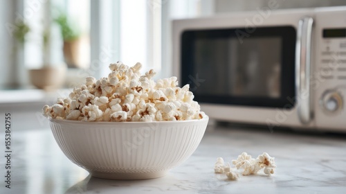 Bowl of popcorn placed near microwave on white marble counter indoors