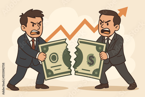 Angry business partners in conflict tearing a dollar bill apart. Concept for financial disagreement, profit division struggle, corporate greed, and market competition. Vector cartoon.
