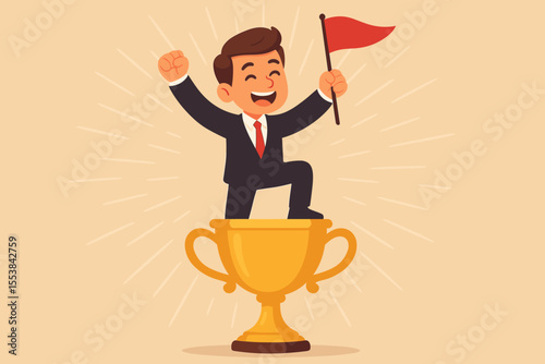 Happy businessman celebrating victory, standing on a giant gold trophy cup. A successful leader with a flag symbolizes career achievement, winning, and reaching goals. Cartoon vector.
