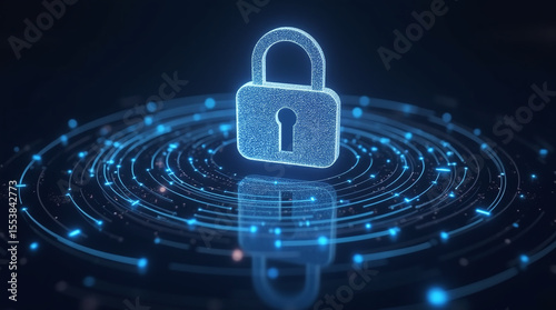 futuristic data streams circling a floating lock icon, data encryption concept, holographic style, abstract art