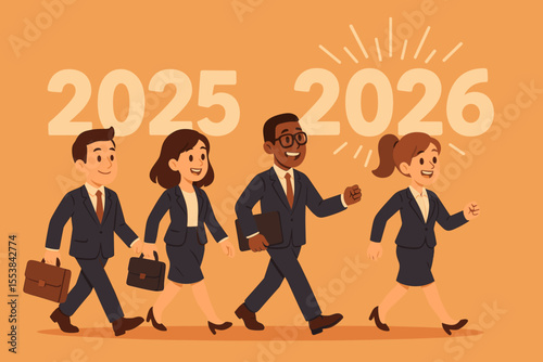 Business team walking from 2025 to 2026. New Year concept of progress, future vision, and corporate goals. Diverse professionals moving forward towards success. Vector illustration.