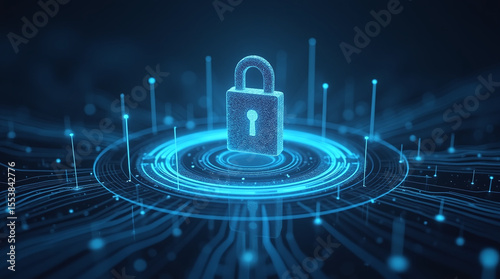 futuristic data streams circling a floating lock icon, data encryption concept, holographic style, abstract art
