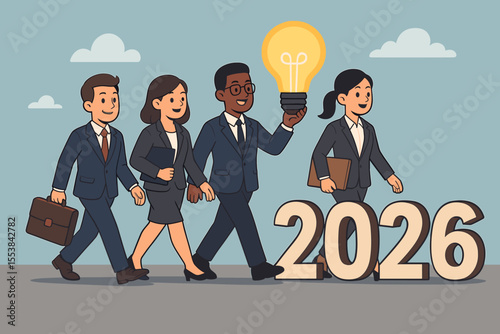 Diverse business team walking forward into the New Year 2026. A concept of teamwork, progress, and future business success. Leader holding a lightbulb symbolizes innovation and ideas.