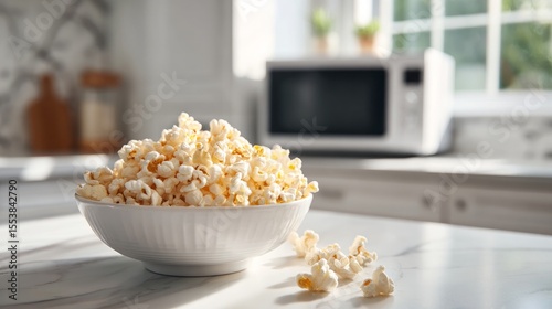 Bowl of popcorn placed near microwave on white marble counter indoors