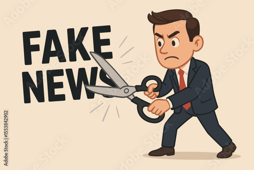 Fake news concept with a businessman cutting text with scissors. Metaphor for combating misinformation, disinformation, and propaganda. Media literacy and fact-checking illustration.