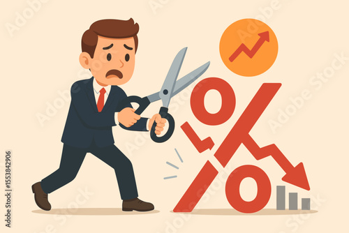 Concept of interest rate cut. Businessman with scissors cutting percentage symbol to fight inflation and economic crisis. Monetary policy metaphor for financial recession and stimulus.