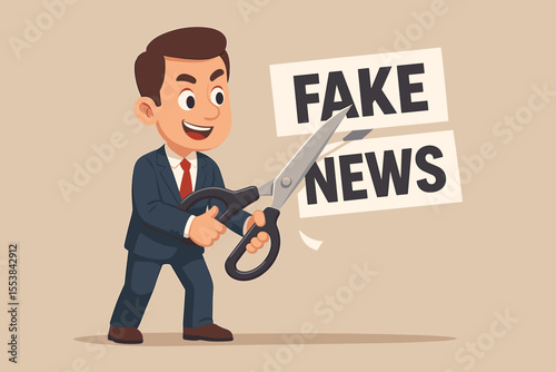 Businessman cutting a Fake News sign with scissors. Concept of fighting misinformation, propaganda, and disinformation. Stop spread of hoaxes and lies. Media literacy illustration.