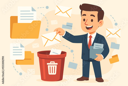 Businessman deleting spam email. Concept of inbox cleaning and file management. Office worker character throwing junk mail into trash bin. Digital decluttering, data organization.