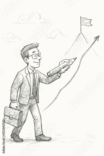 Business success concept. Businessman with a pencil drawing a path to the top of a mountain. Career growth, achievement and goal setting metaphor. Hand drawn vector sketch illustration.