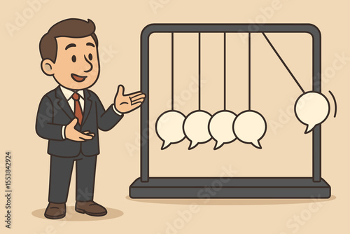 Business communication concept metaphor. Businessman with Newton's cradle made of speech bubbles. Illustrating cause and effect, chain reaction, influence, and impact. Vector cartoon.
