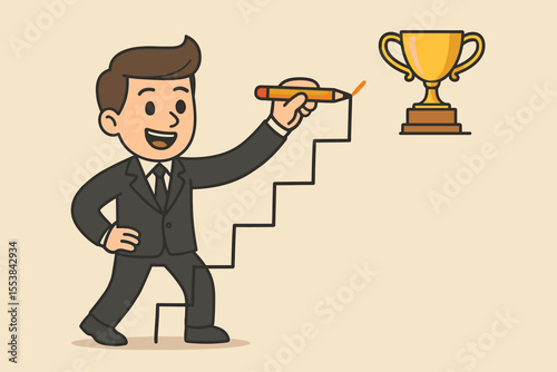 Businessman draws his own stairs with a pencil to reach a golden trophy cup. Metaphor for success, career path, ambition, goal setting, strategy and personal growth. Cartoon vector.