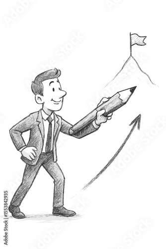 Businessman drawing his path to success. Cartoon character with pencil sketching an arrow to a mountain goal. Business concept for achievement, strategy, ambition, and career growth.