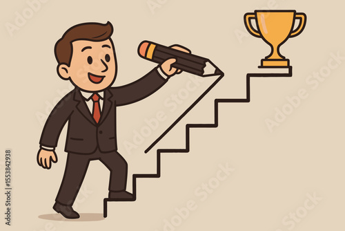 Businessman drawing his own career ladder with a pencil to reach a golden trophy cup. Metaphor for success, creating your own path, ambition, strategy, and achieving goals. Vector.