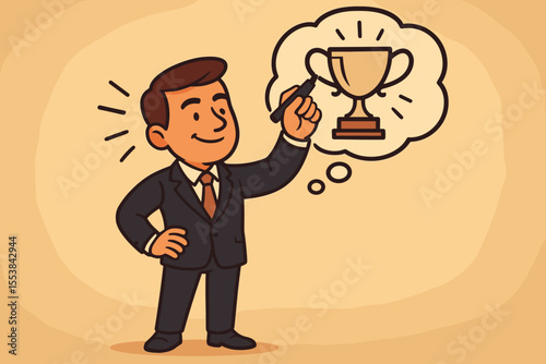 Confident cartoon businessman visualizing success by drawing a trophy in a thought bubble. Positive mindset, goal setting, and ambition concept for business achievement. Vector.