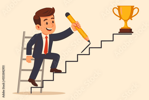 Businessman drawing his own path to success, creating stairs with a pencil to reach a gold trophy. Metaphor for career growth, ambition, development, and personal achievement.