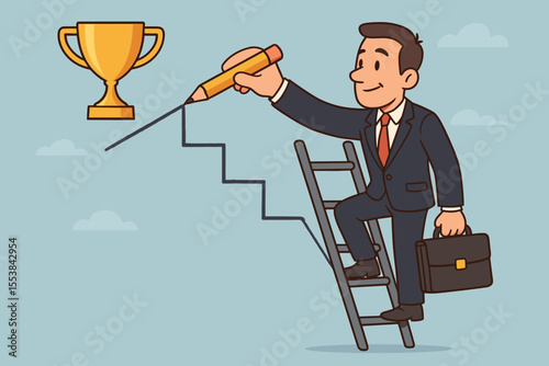 Businessman creating his own path to success. Man in a suit climbing a ladder, drawing stairs with a pencil towards a golden trophy. Concept of career growth, ambition, and achievement.