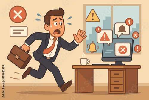 Overwhelmed businessman running from computer notifications. Stressed employee escaping digital distractions, alerts, and information overload. Work anxiety and burnout concept vector.