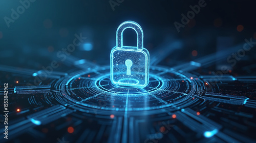 futuristic data streams circling a floating lock icon, data encryption concept, holographic style, abstract art