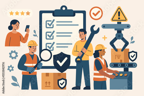 Concept of quality control and assurance in manufacturing. Industrial workers inspecting products on an automated conveyor belt. Customer satisfaction review with a five-star rating. Vector