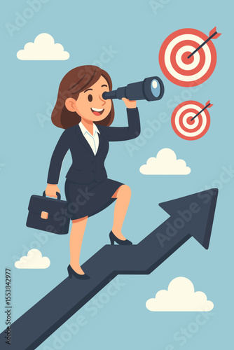 Businesswoman with a telescope looking at targets while walking on an upward arrow. Business vision, success, career growth, strategy, ambition, and achievement concept vector.