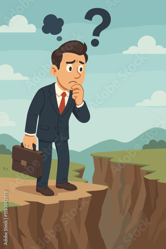Businessman at a cliff edge facing a challenge. Metaphor for a business problem, risk, and uncertainty. A pensive man thinking about a solution and strategy to cross the abyss.