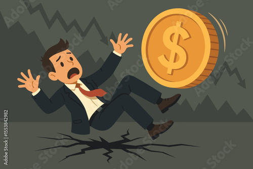 Businessman falling into cracked ground with giant dollar coin, symbolizing economic crisis, financial downfall, and monetary policy failure.