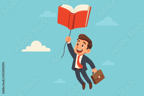 Businessman flying on a book balloon, a metaphor for career growth through education and knowledge. Concept of success, learning, ambition, and professional development. Vector.
