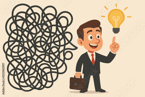 Creative solution concept. Businessman with a lightbulb idea solving a complex, tangled problem. Metaphor for chaos and order, business strategy, innovation, and clear thinking.