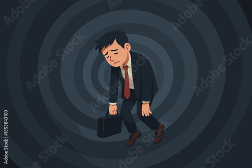 Exhausted businessman in suit carrying briefcase, slouched posture, symbolizing workplace burnout, fatigue, stress, overwork, mental exhaustion, depression, corporate pressure, vector illustration