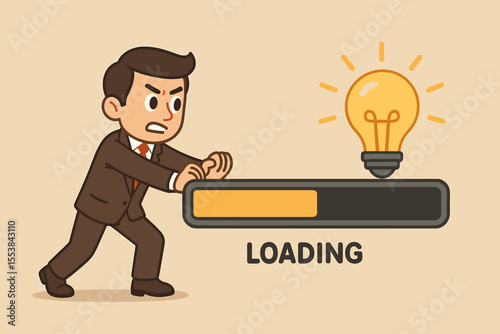 Businessman pushing progress bar concept, light bulb idea loading, innovation process, creative thinking, motivation, cartoon vector illustration, business solution, productivity metaphor