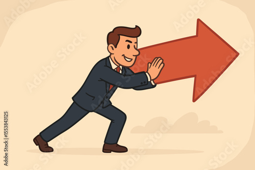 Determined businessman pushing large red arrow forward, symbolizing business growth, progress, motivation, leadership, determination, ambition, goal achievement, success, and forward momentum concept