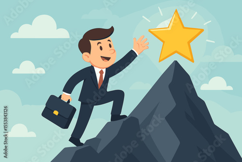 Ambitious Businessman Climbing Mountain Peak Reaching for Golden Star Success Achievement Goal Motivation Concept Vector Cartoon Illustration Career Growth Leadership Ambition Challenge