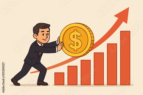 Businessman pushing gold coin up rising bar graph, symbolizing investment profit growth, financial success, increased earnings, business revenue, economic progress, wealth, corporate achievement