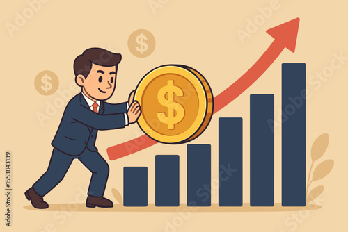 Businessman pushing gold coin up bar chart with rising arrow, symbolizing investment profit growth, financial success, increased earnings, business development, corporate revenue vector illustration