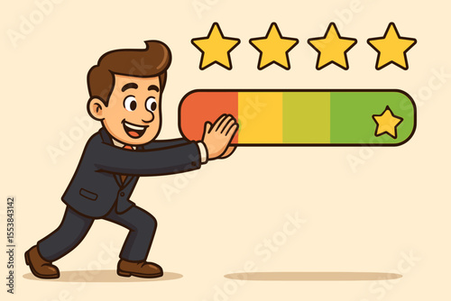 Cartoon businessman pushing customer feedback rating bar to achieve five star review. Business success, satisfaction, quality service, performance improvement, client evaluation concept vector